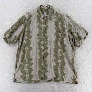 Burma Bibas Shirt Mens Large Green Floral Stripe Hawaiian‎ Aloha Button Front